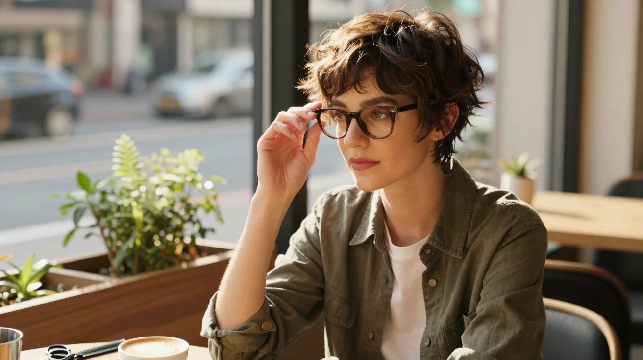 Young woman with short hair adjusting glasses while sitting at a café table with a coffee cup nearby