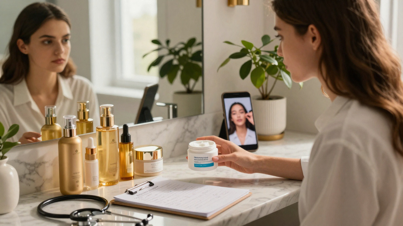 Woman holding a skincare cream jar while watching a makeup tutorial on a smartphone at a vanity table.