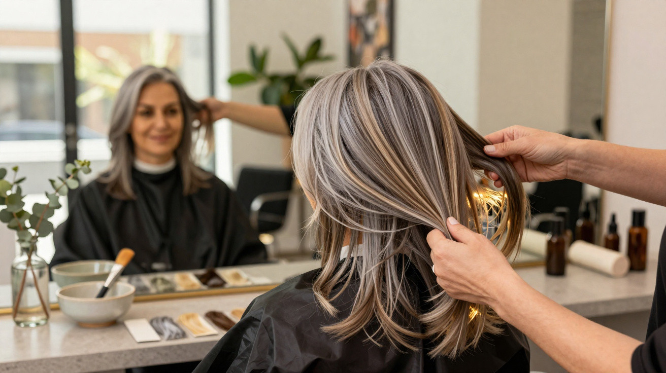 Hairdresser styling a middle-aged woman’s freshly highlighted grey hair in a modern salon.
