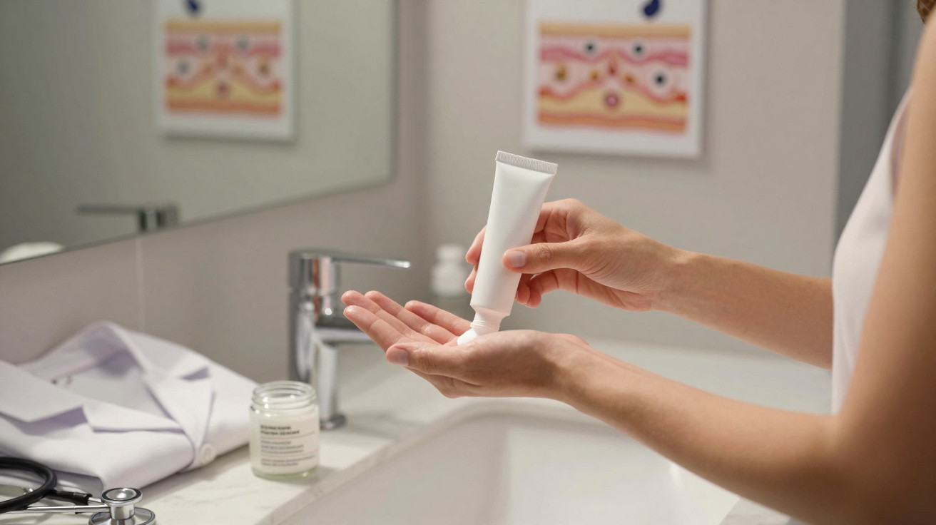 Person dispensing cream from a white tube onto their hand in a bathroom sink area.