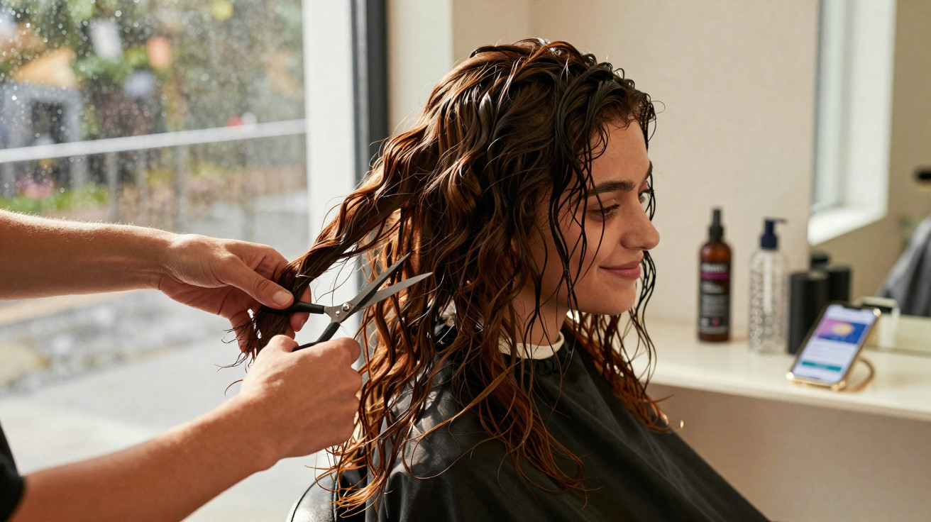 Woman with wet curly hair getting a haircut at a salon, smiling and looking relaxed.