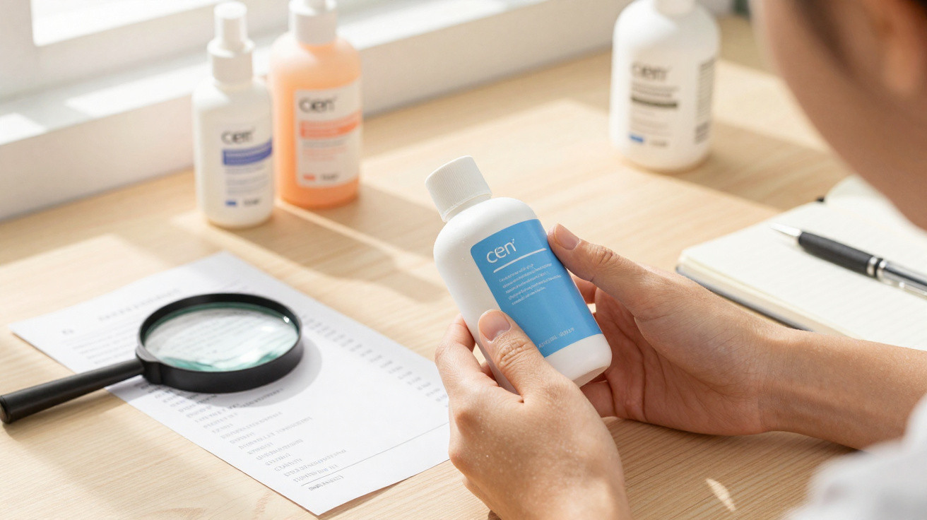 Person holding a white and blue skincare bottle over a desk with other bottles, a magnifying glass, and a notebook.