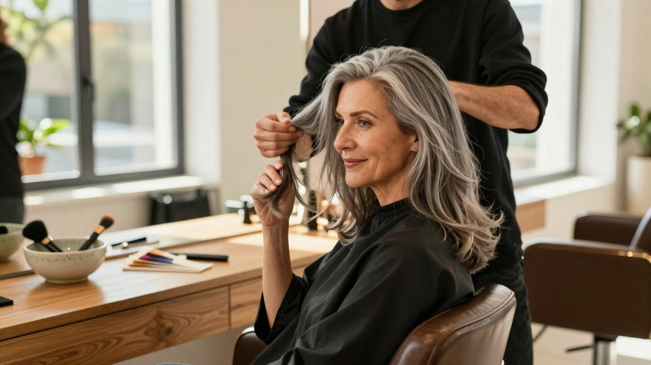 Mature woman with grey hair sitting in salon chair having her hair styled by a hairstylist.