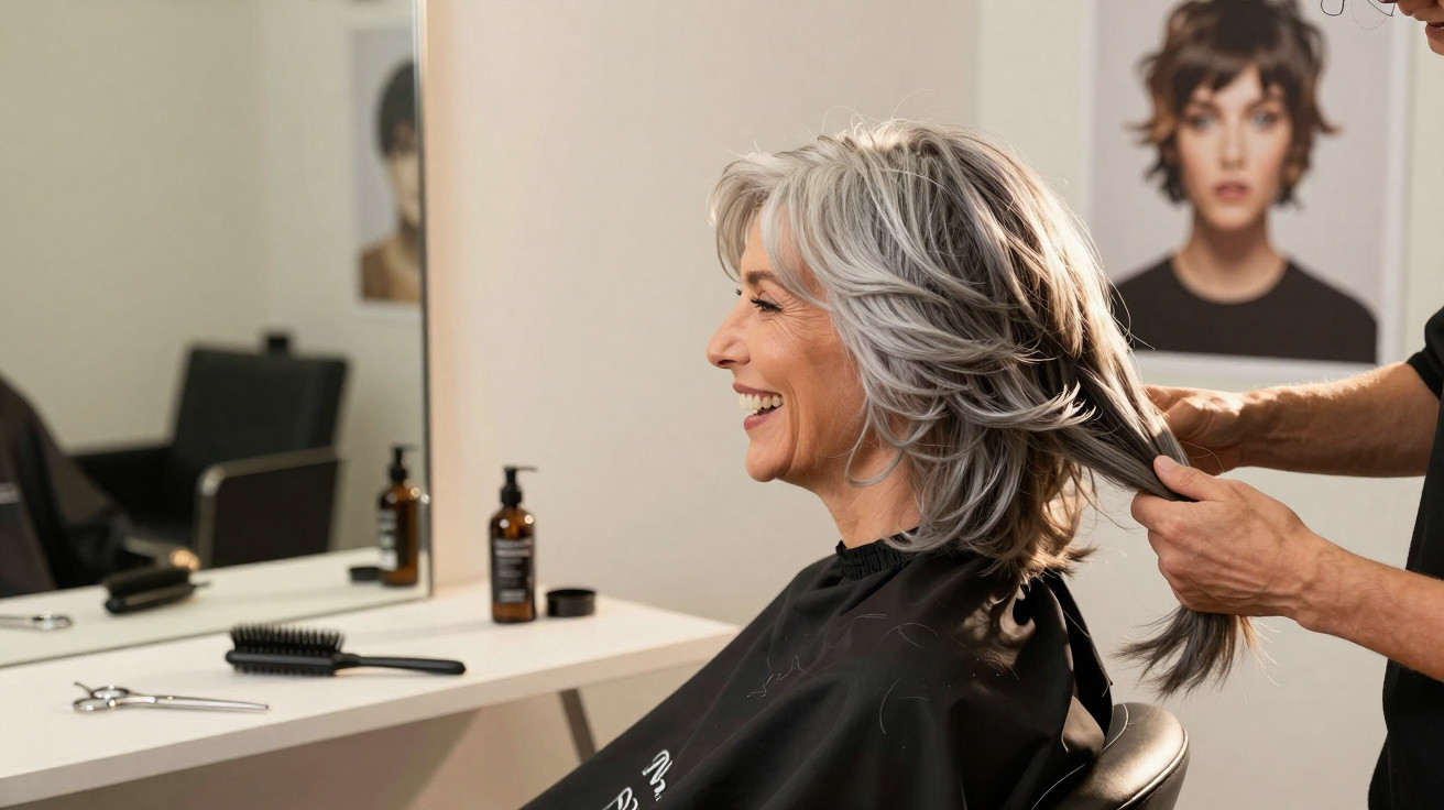 Older woman smiling as hairstylist styles her grey hair in a modern salon with mirror and hair products visible.