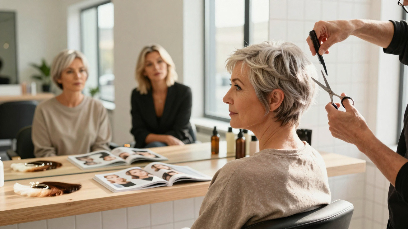 Mature woman with short grey hair getting a haircut from a stylist in a modern salon with large windows.