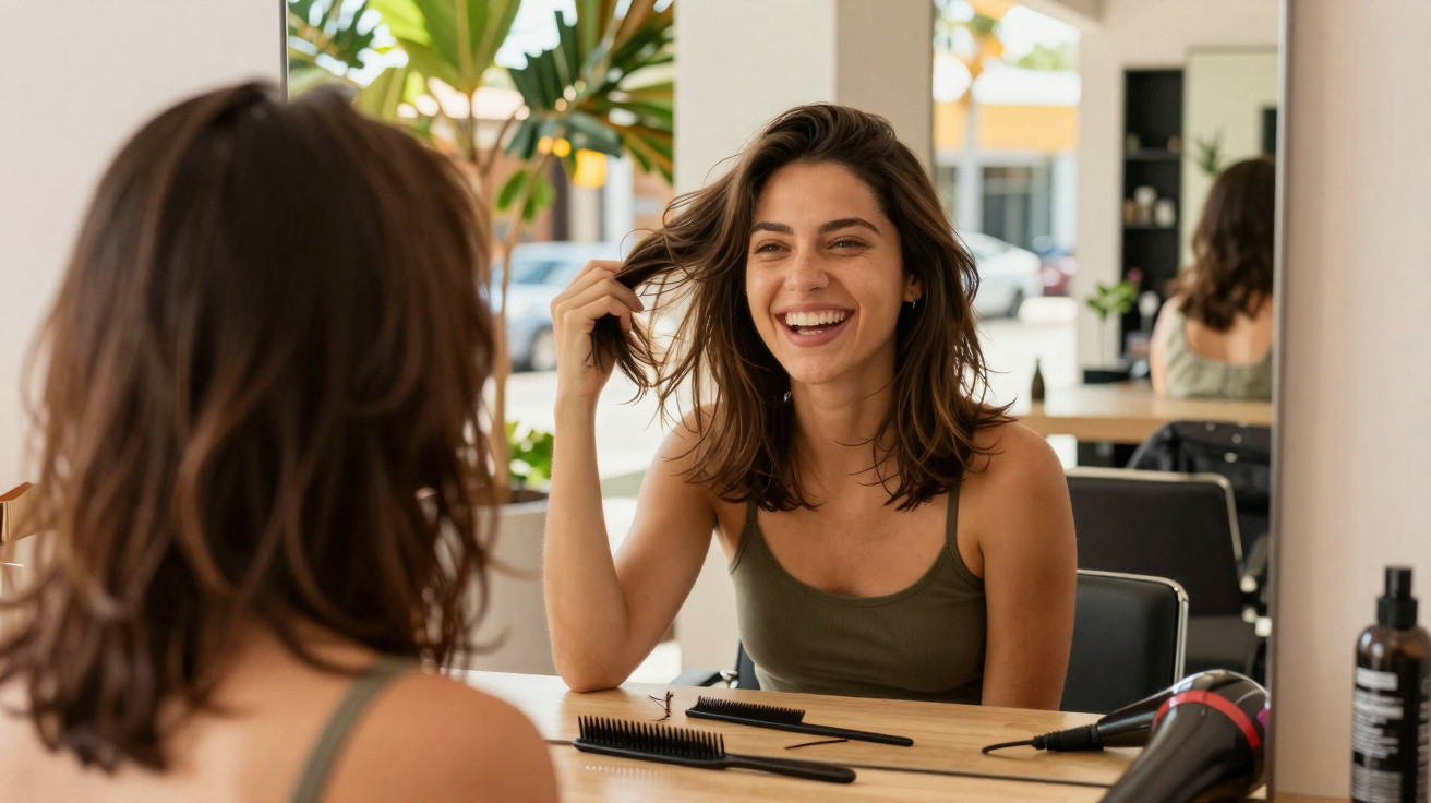 Young woman smiling while looking at her reflection in a salon mirror with hairdresser tools on the table.