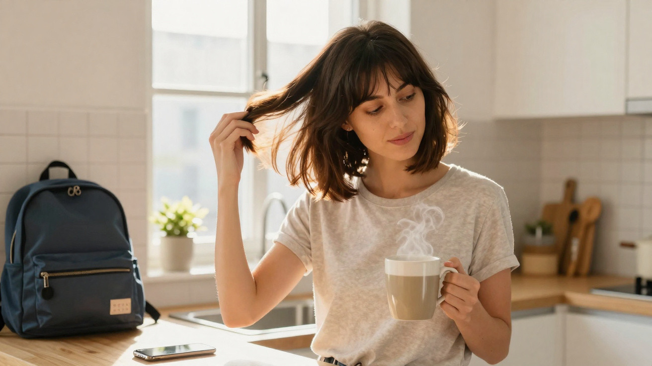 Young woman in a grey t-shirt holding a steaming cup, playing with her hair in a bright kitchen.