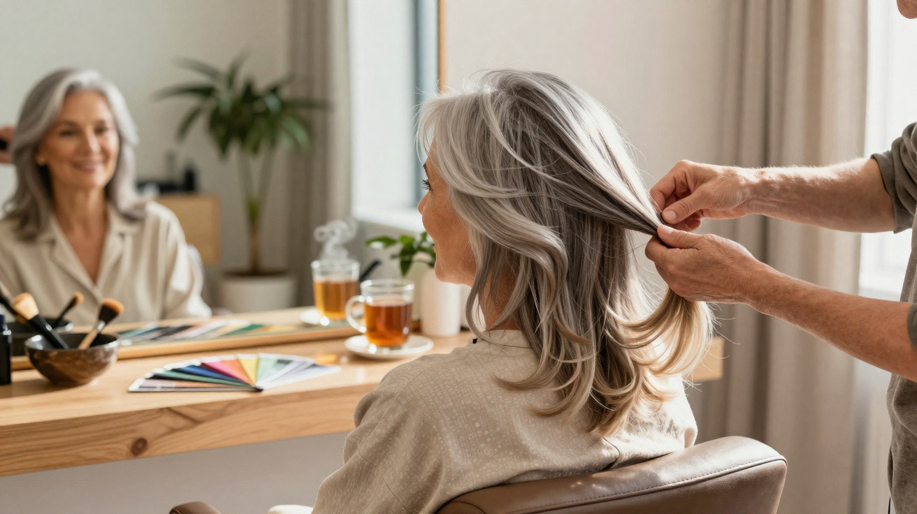 Hairdresser styling a smiling older woman’s grey hair in a bright salon with makeup brushes and colour swatches nearby.