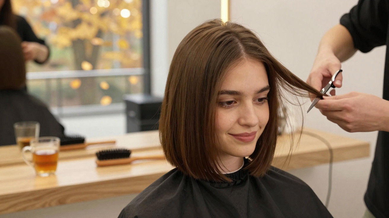 Young woman with brown bob haircut getting her hair trimmed in a salon by a stylist using scissors.