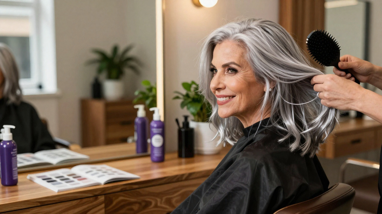 Smiling older woman with grey hair having her hair brushed at a salon with products and a mirror in the background.