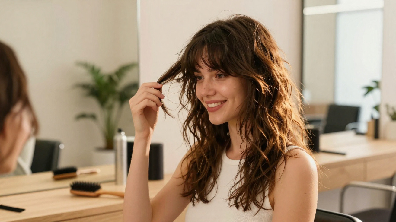 Young woman with wavy brown hair smiling and playing with her hair in a salon chair by the mirror.