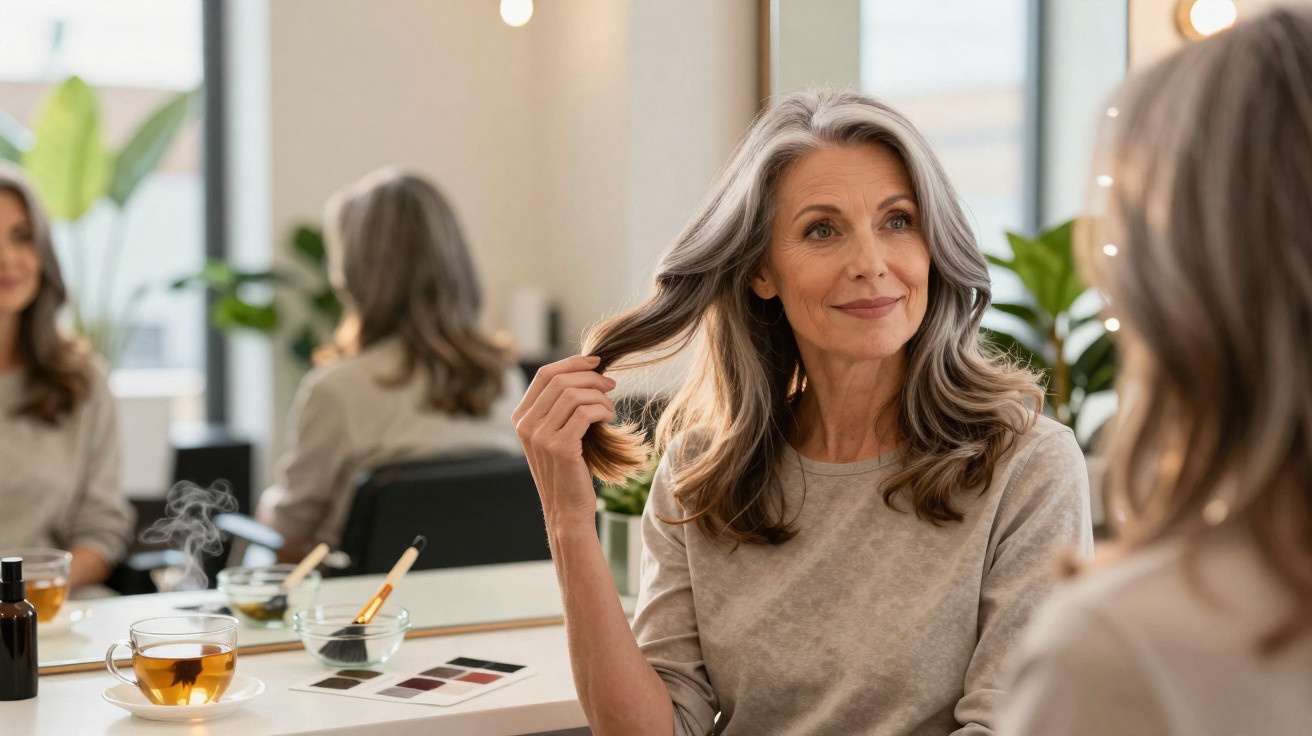 Middle-aged woman with grey hair sitting at vanity table, holding hair, looking at her reflection in the mirror.