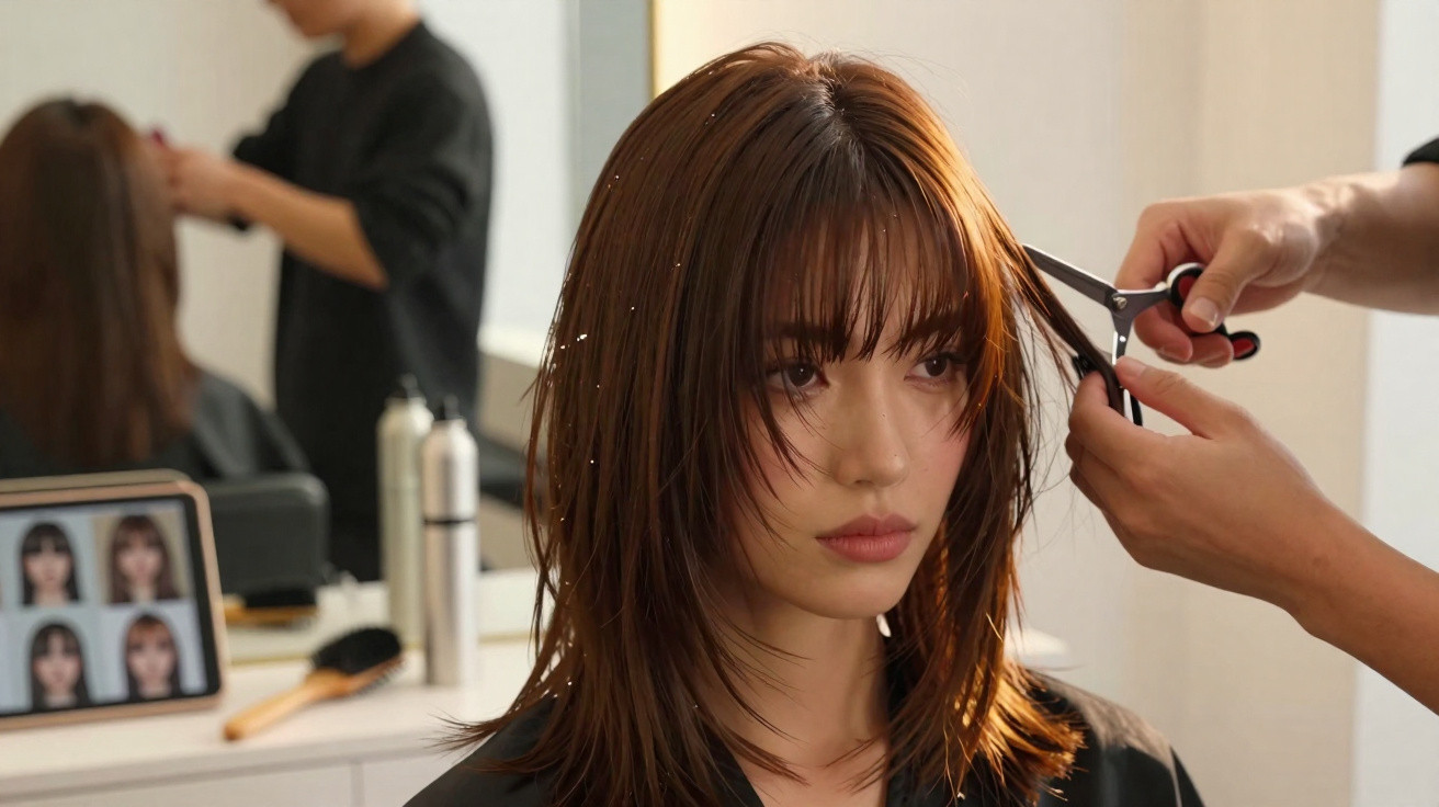 Woman with medium-length brown hair getting a trim at a hair salon, with hairstyle options visible on a tablet nearby.