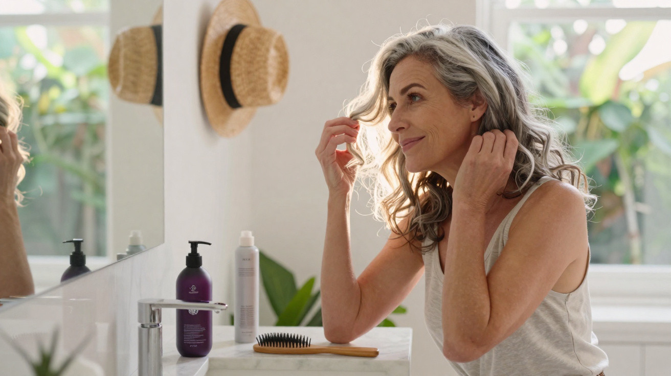 Middle-aged woman adjusting her grey curly hair in front of a bathroom mirror with hair care products nearby.
