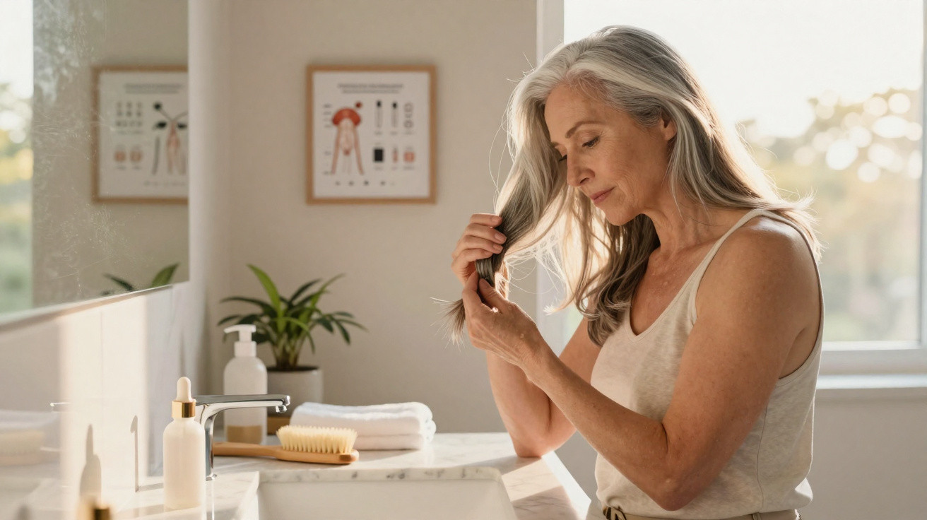 Older woman with long grey hair checking her hair near a bathroom sink with skincare items and plants nearby.