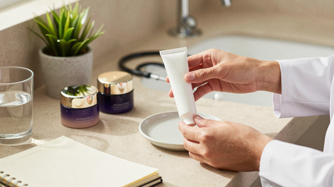 Hands holding a white cosmetic tube over a bathroom counter with jars, a glass of water, plant, and a notepad.