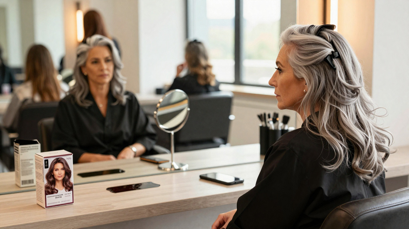 Mature woman with grey hair seated at a salon mirror, with hair dye box and phone on the counter.