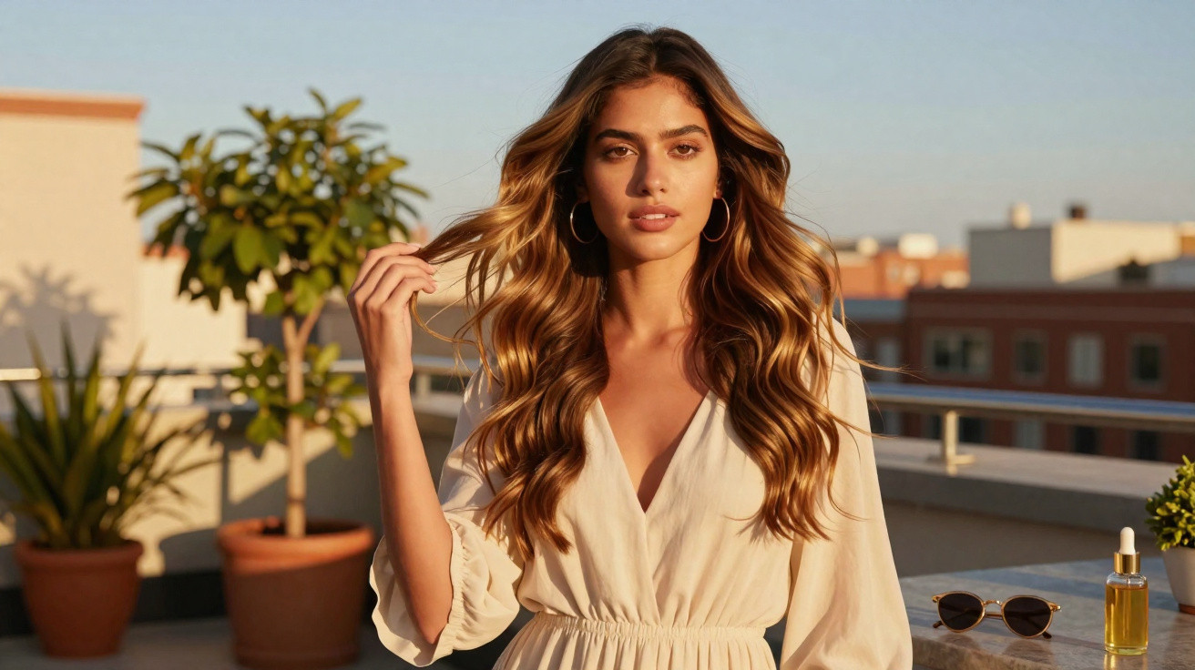 Young woman with long wavy hair wearing a cream dress stands on a rooftop with plants and sunglasses nearby.