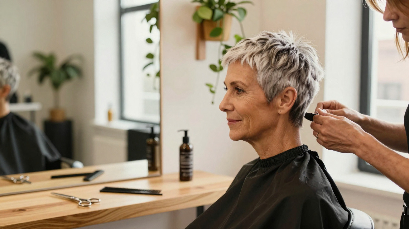 Senior woman with short grey hair getting a haircut in a bright salon with wooden counters and plants.