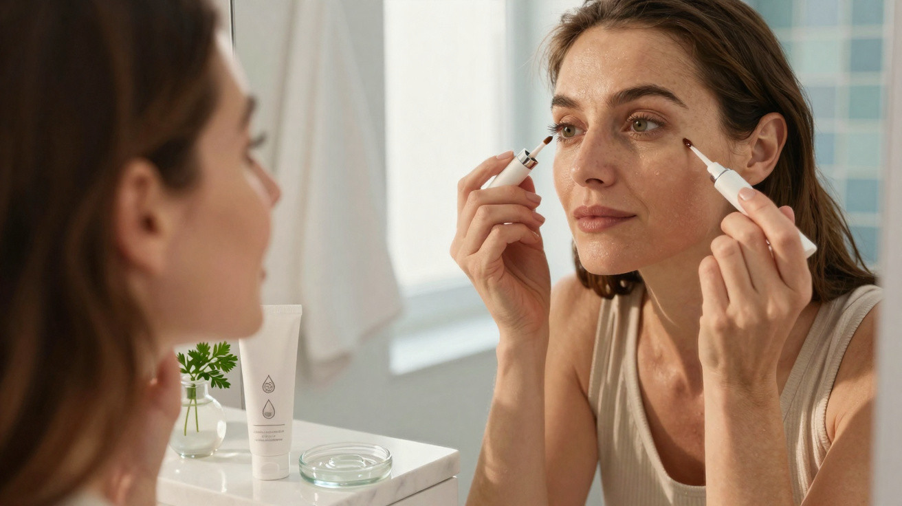 Woman applying eye serum with dual-ended applicator while looking in bathroom mirror
