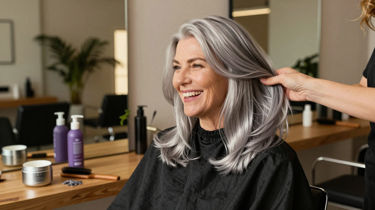 Smiling older woman with long silver hair getting styled at a hair salon with hair products on the counter.