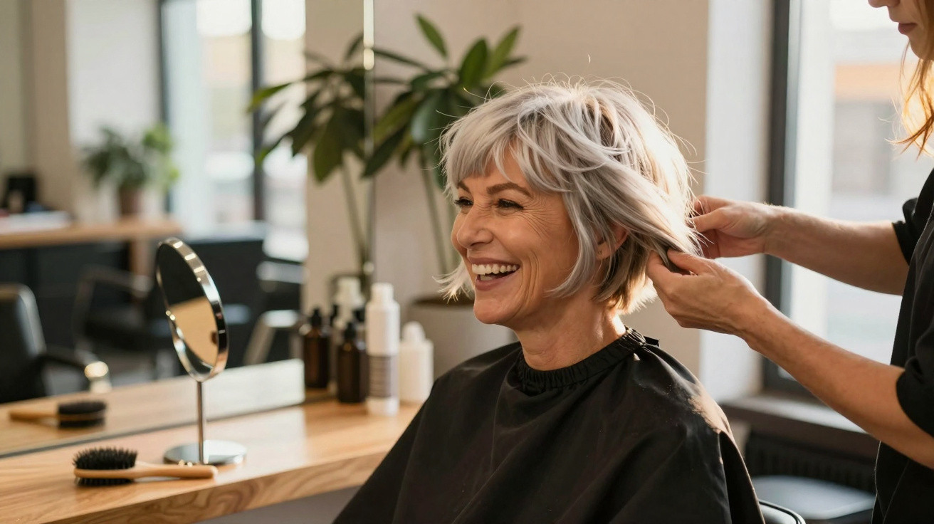 Smiling older woman with short grey hair having her hair styled in a bright modern salon with large windows.