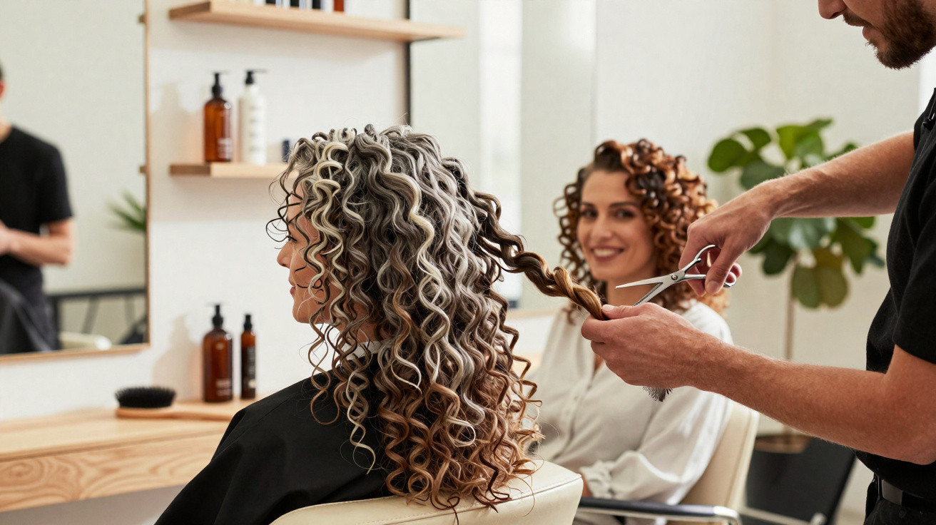 Hairdresser cutting a woman’s long curly hair in a modern salon with another smiling woman seated nearby.