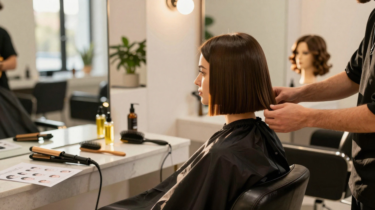 Woman sitting in a salon chair with a fresh bob haircut while a hairstylist adjusts her hair.