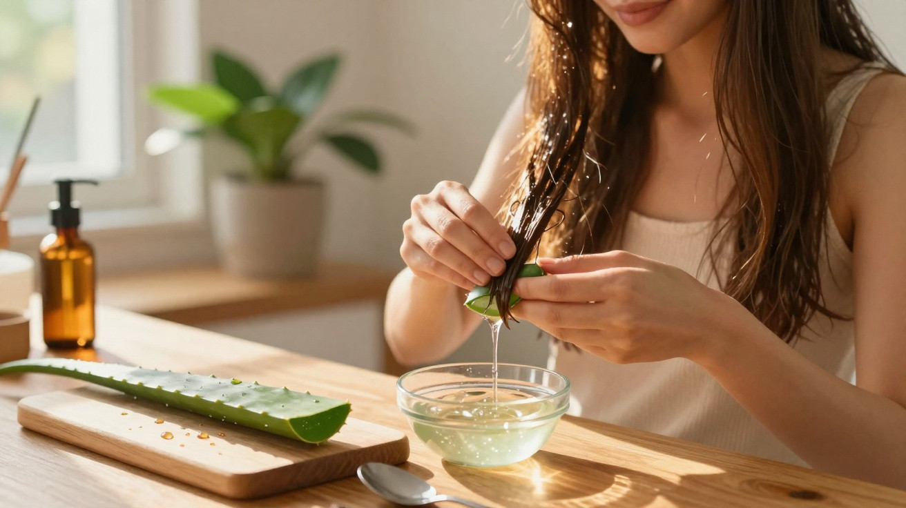 Woman extracting aloe vera gel from a leaf into a glass bowl on a sunlit wooden table.