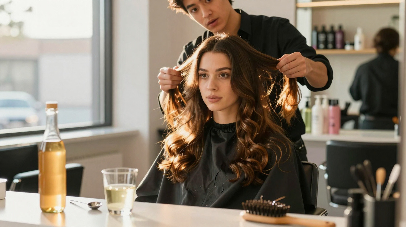 Hairdresser styling a woman's long, wavy hair at a salon with hair products and brushes on the counter.