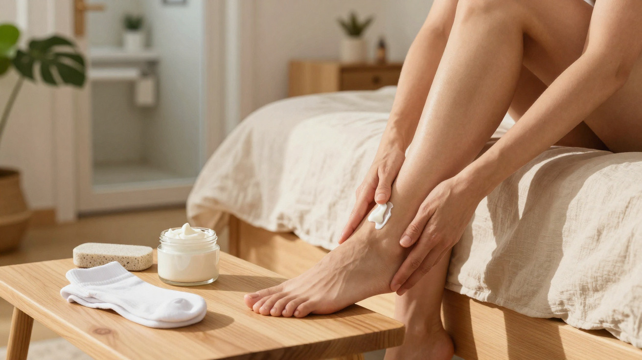 Person applying lotion to their ankle while sitting on a bed in a bright, minimal bedroom.