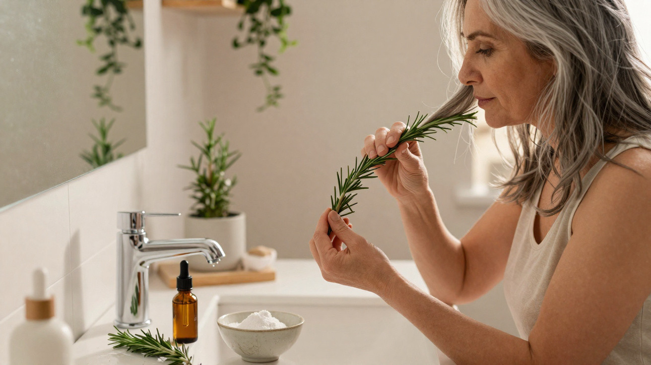 Middle-aged woman smelling a rosemary sprig in a bright bathroom with skincare products on the counter.