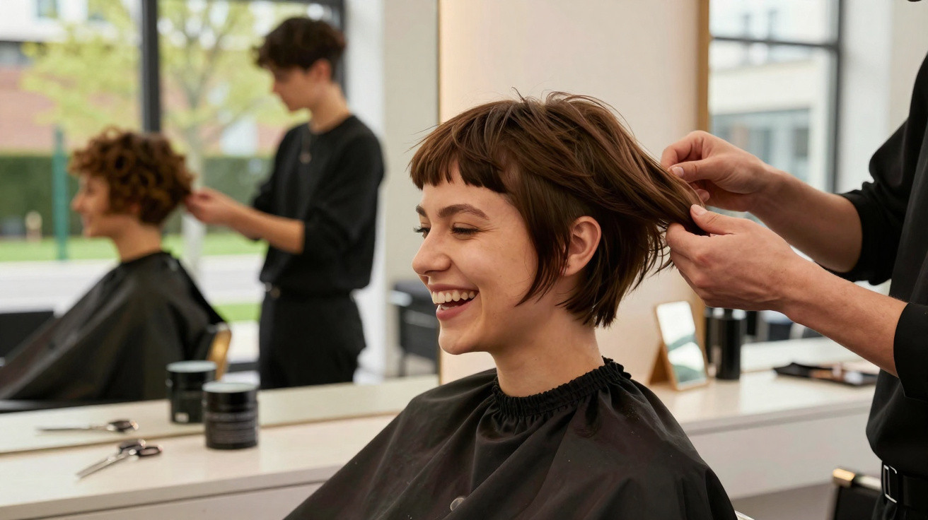 Smiling woman with short brown hair getting a haircut at a modern hair salon with another customer in the background.