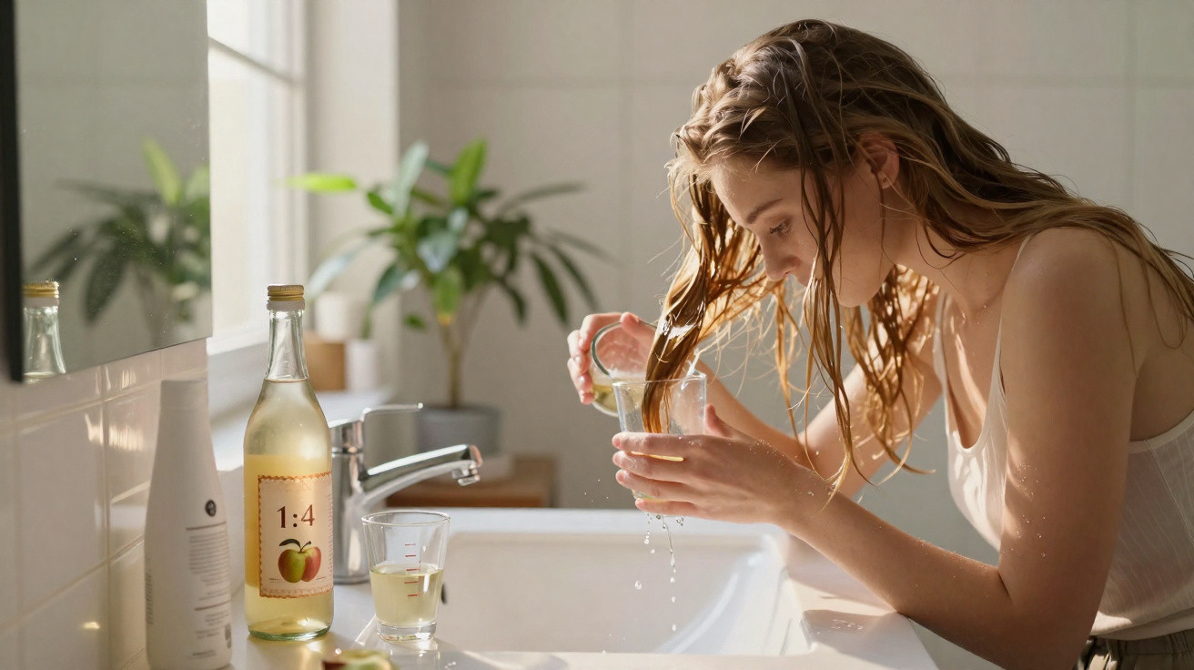 Woman rinsing hair over a bathroom sink with natural light and skincare products nearby.