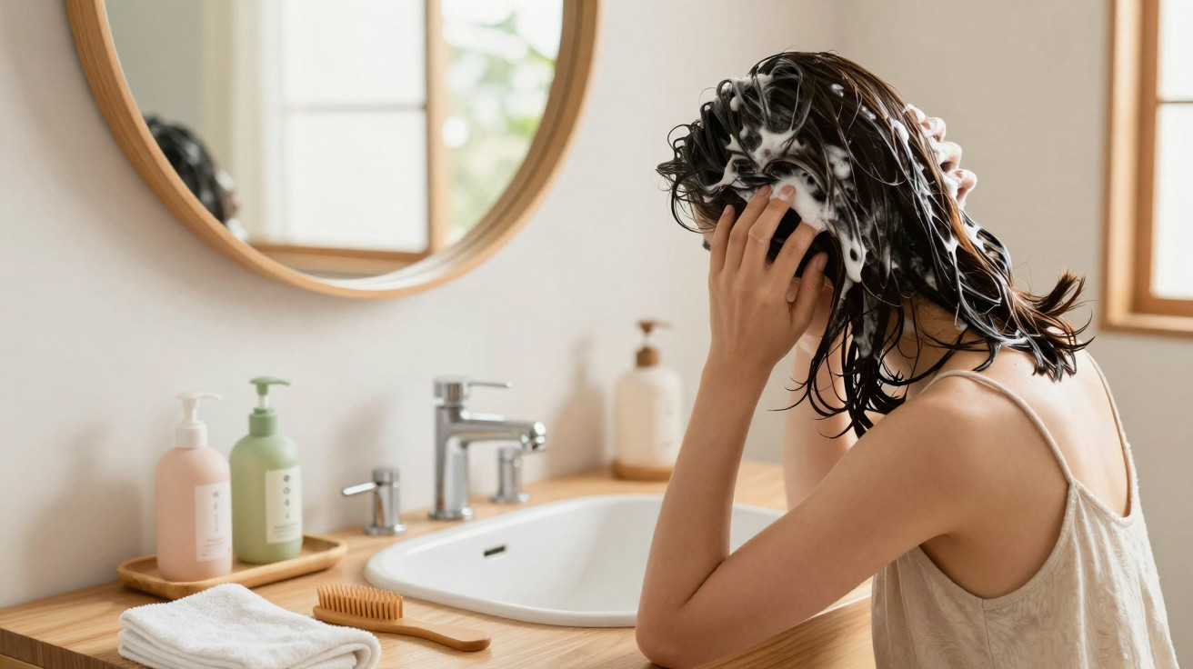 Woman washing hair with shampoo in bathroom in front of a round mirror and wooden countertop