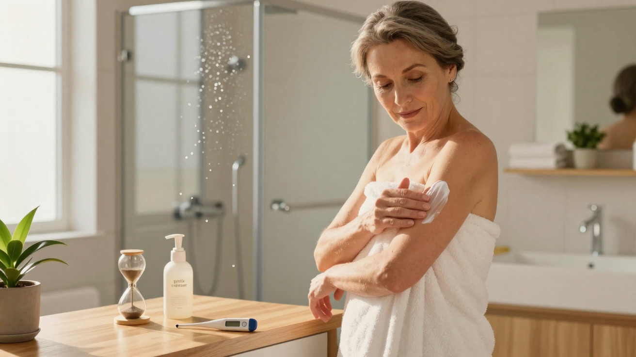 Middle-aged woman in towel applying lotion on arm in bright, modern bathroom with wooden countertop.