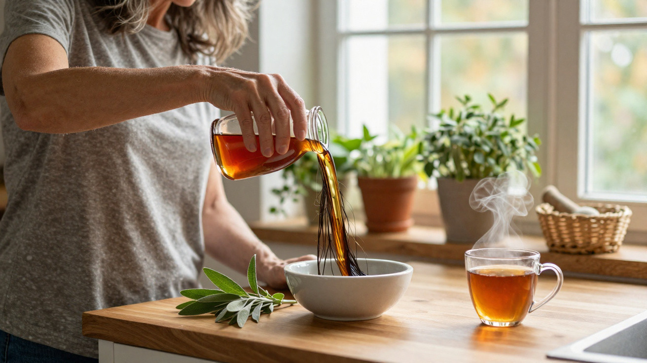 Person pouring hot tea from a glass jar into a bowl on a wooden kitchen countertop near potted plants.