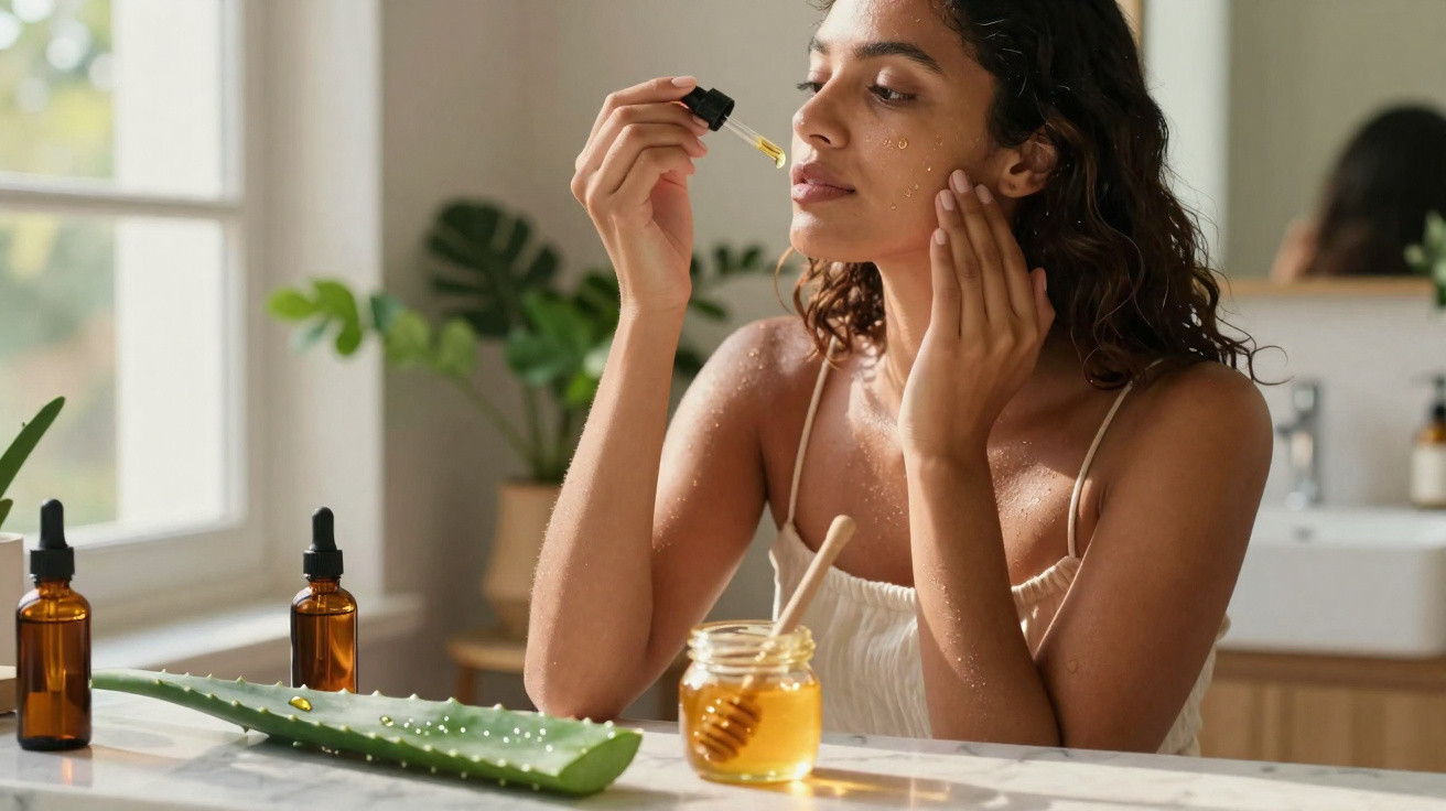 Woman applying facial serum with dropper, surrounded by aloe vera, honey jar, and amber bottles on the counter.