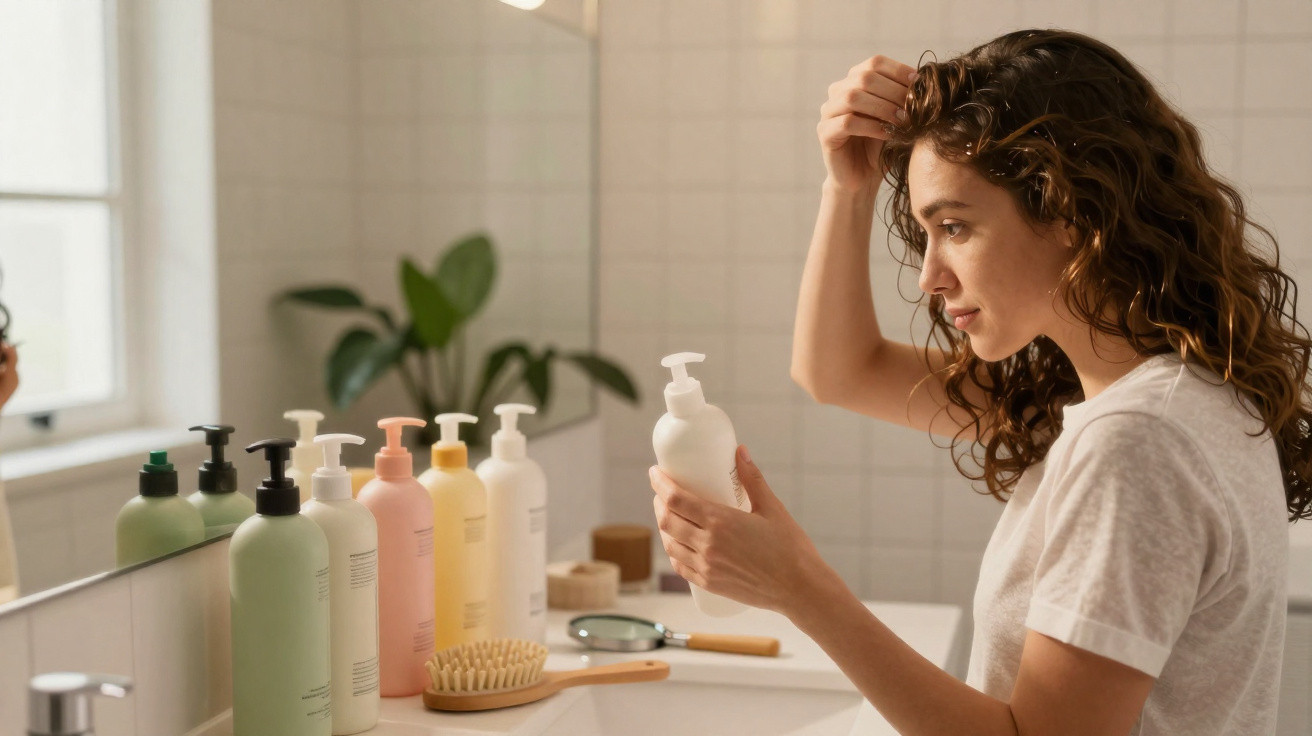 Woman examining a white bottle of hair care product in a bathroom with various bottles and a hairbrush on the counter.