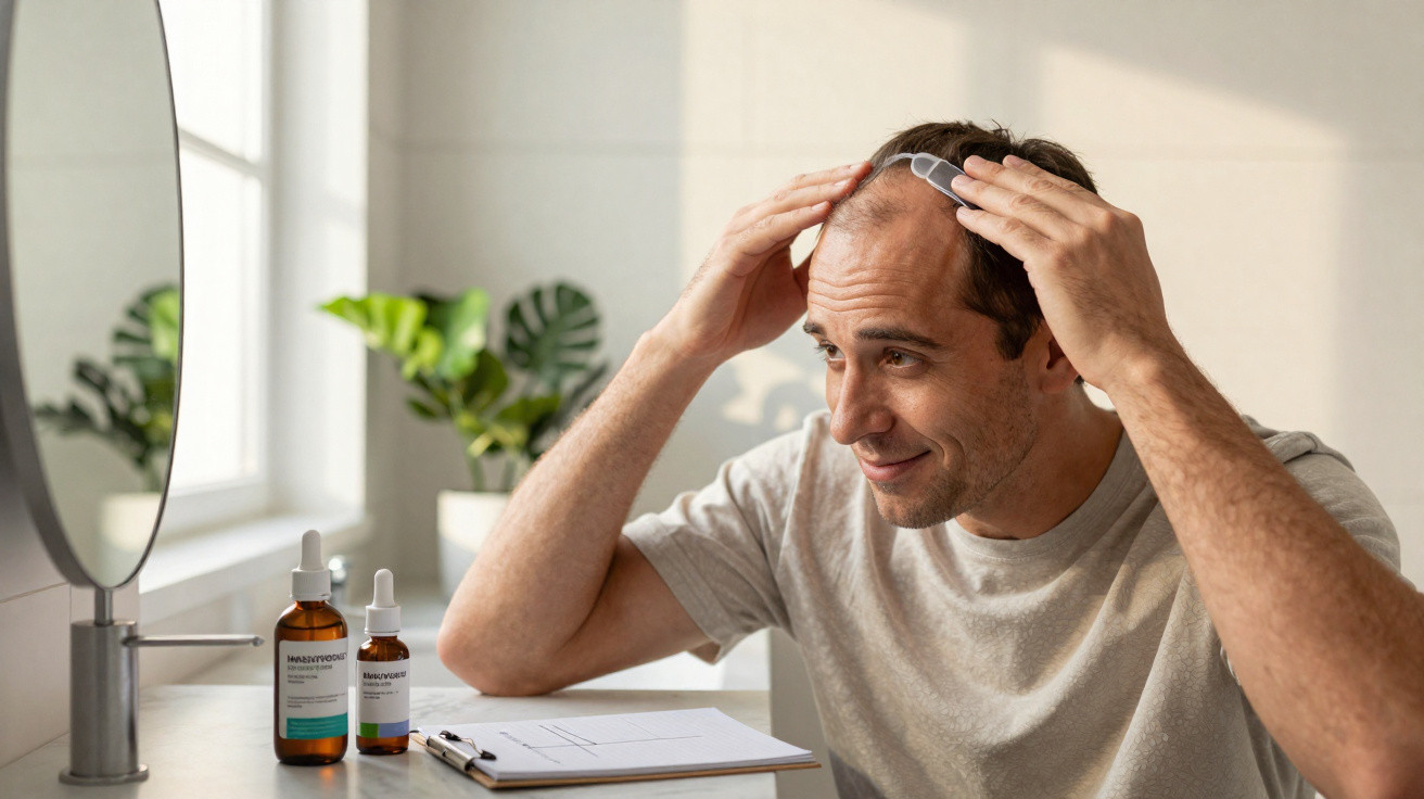 Man applying a hair growth treatment with scalp massager comb in front of a bathroom mirror.