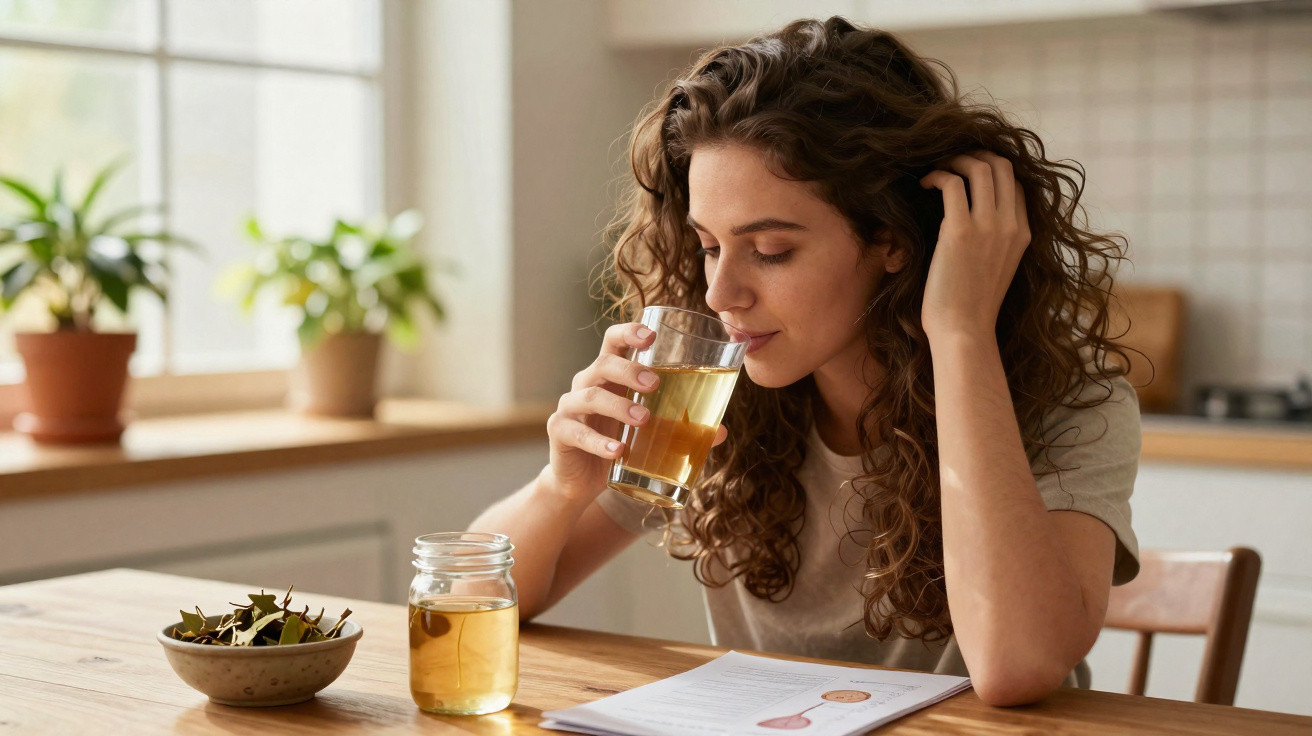 Young woman with curly hair drinking tea at a wooden table with a jar and bowl of leaves nearby.
