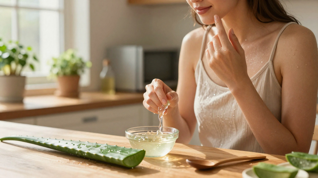 Woman applying aloe vera gel from a bowl with fresh aloe leaf on a kitchen table in natural light.