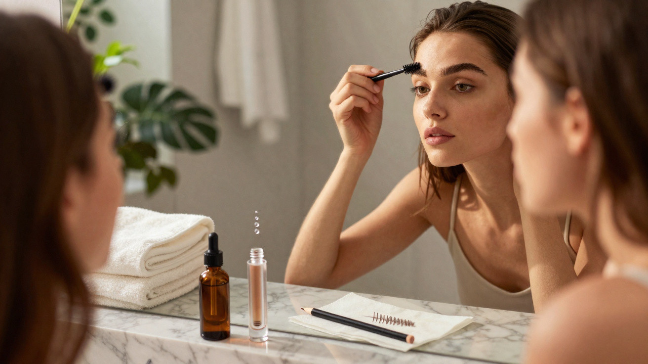 Young woman applying mascara to her eyebrows while looking in a bathroom mirror.