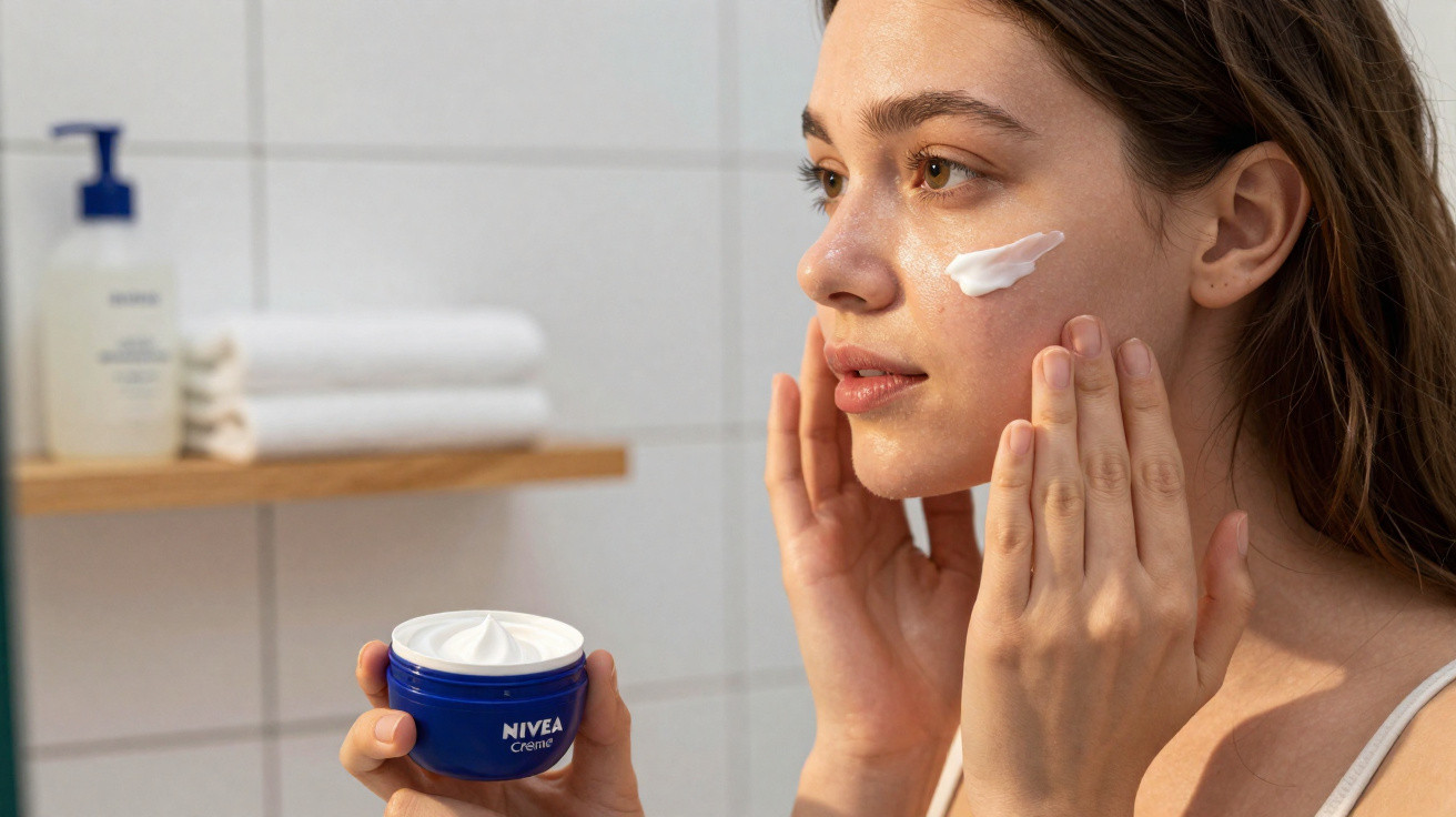 Young woman applying Nivea face cream in bathroom with white tiles and wooden shelf in background.