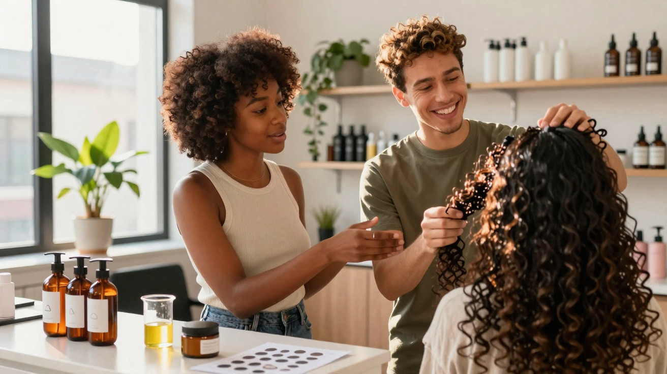 Two hairdressers styling a client's curly hair in a bright salon with hair products on the counter.