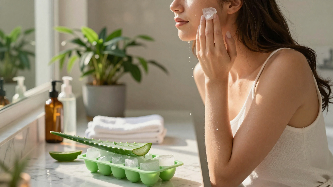 Woman applying aloe vera gel from an ice cube to her cheek in a bright bathroom.