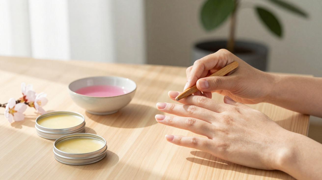 Person applying balm on hand with a wooden stick beside flower and bowl on wooden table.
