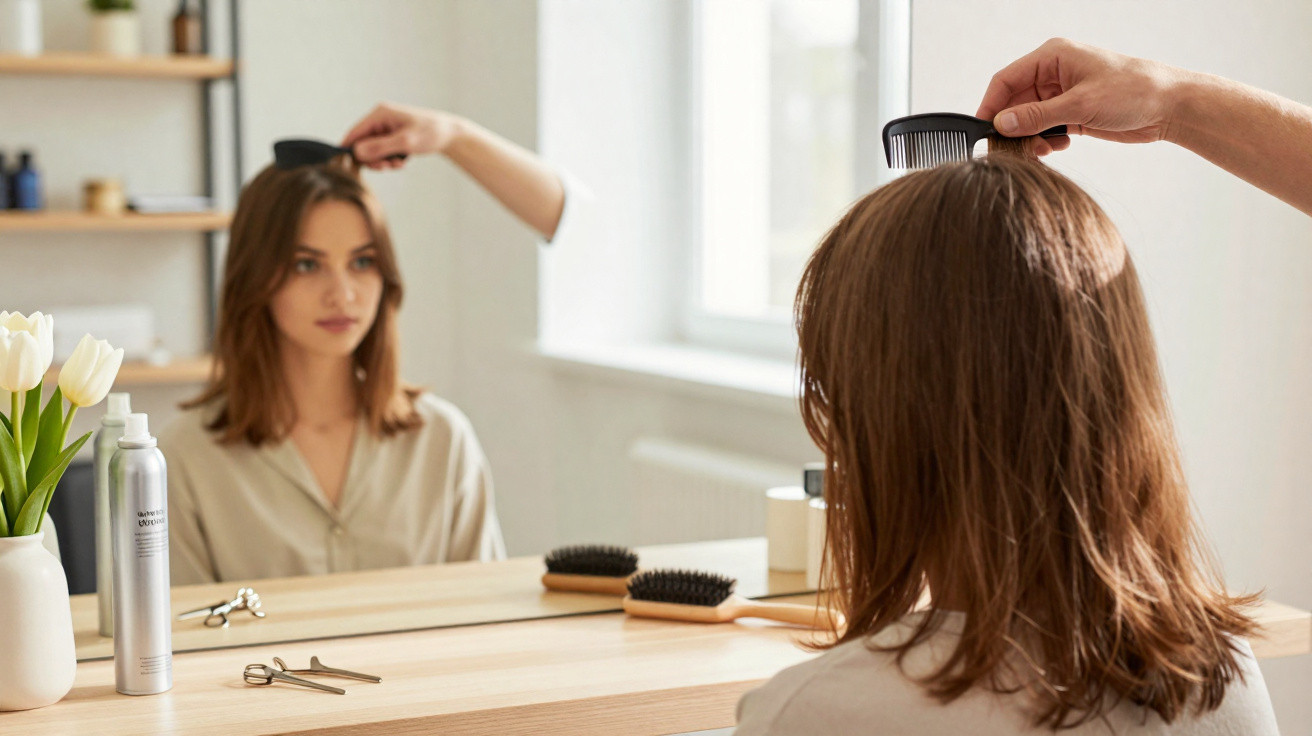 Woman combing her shoulder-length brown hair in front of a mirror on a wooden vanity with hairbrushes and scissors.