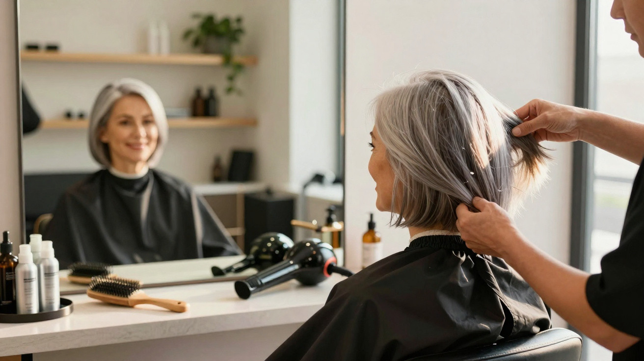 Older woman with grey hair getting a haircut in a salon, looking at her reflection in the mirror.