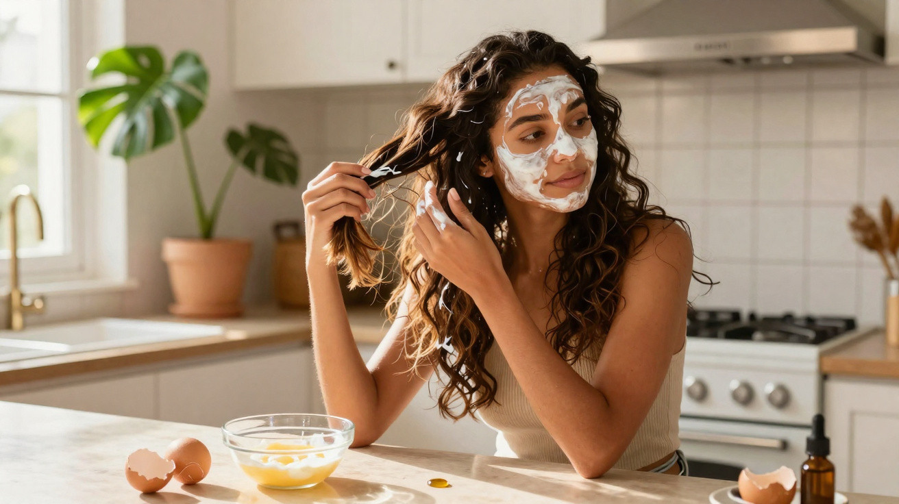 Young woman with a facial mask combing her hair while sitting in a bright kitchen with baking ingredients on the table.